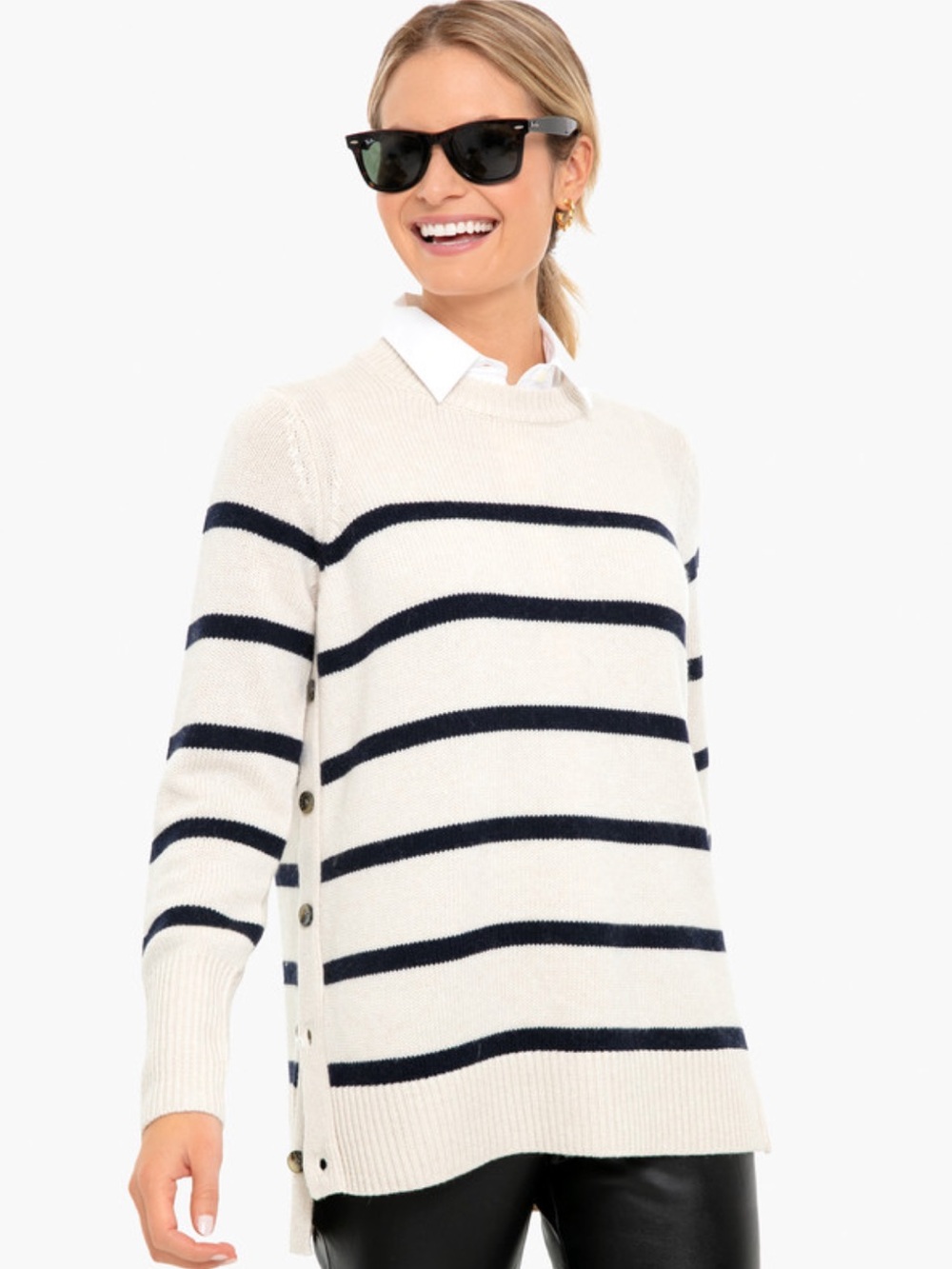 Tuckernuck Cream and Navy Striped Side-Button Sweater
